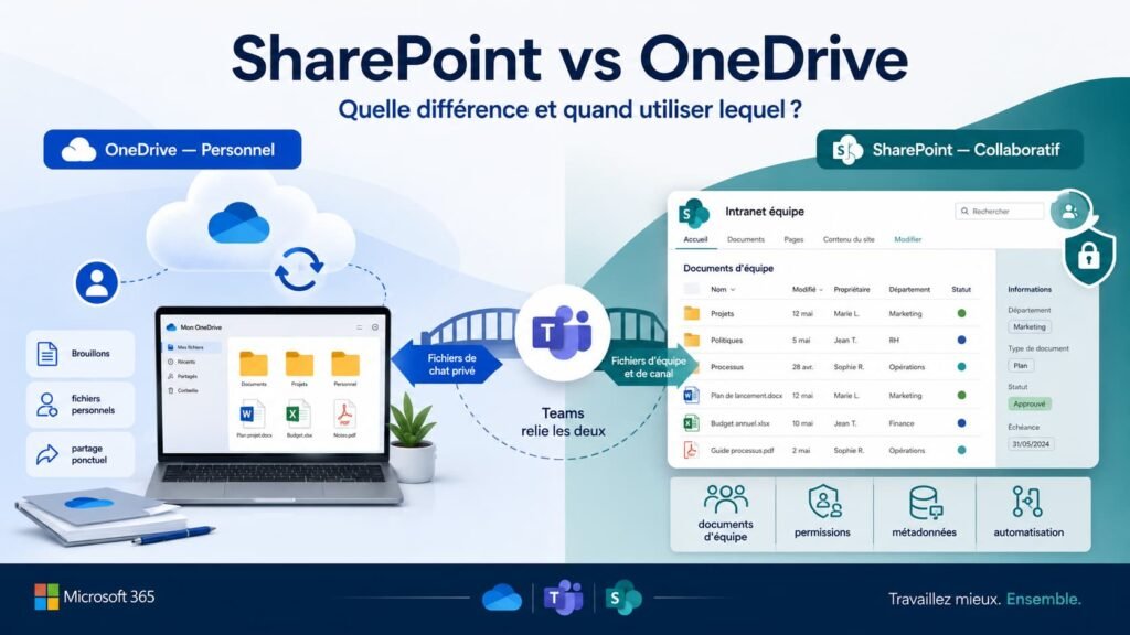 SharePoint vs OneDrive : quelle différence et quand utiliser lequel ? Comparaison visuelle entre SharePoint et OneDrive dans Microsoft 365