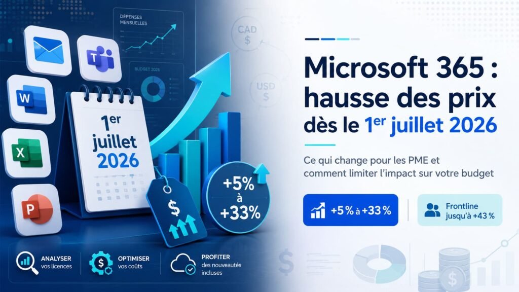 Hausse des prix Microsoft 365 le 1er juillet 2026 : ce que votre PME doit savoir Bannière illustrant la hausse des prix Microsoft 365 au 1er juillet 2026