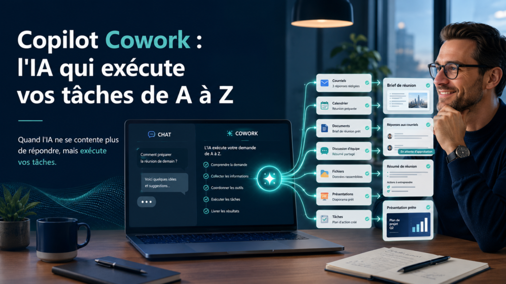 Copilot Cowork : l'IA qui exécute vos tâches de A à Z Illustration de Copilot Cowork automatisant des courriels, des réunions, des documents et des présentations dans Microsoft 365.